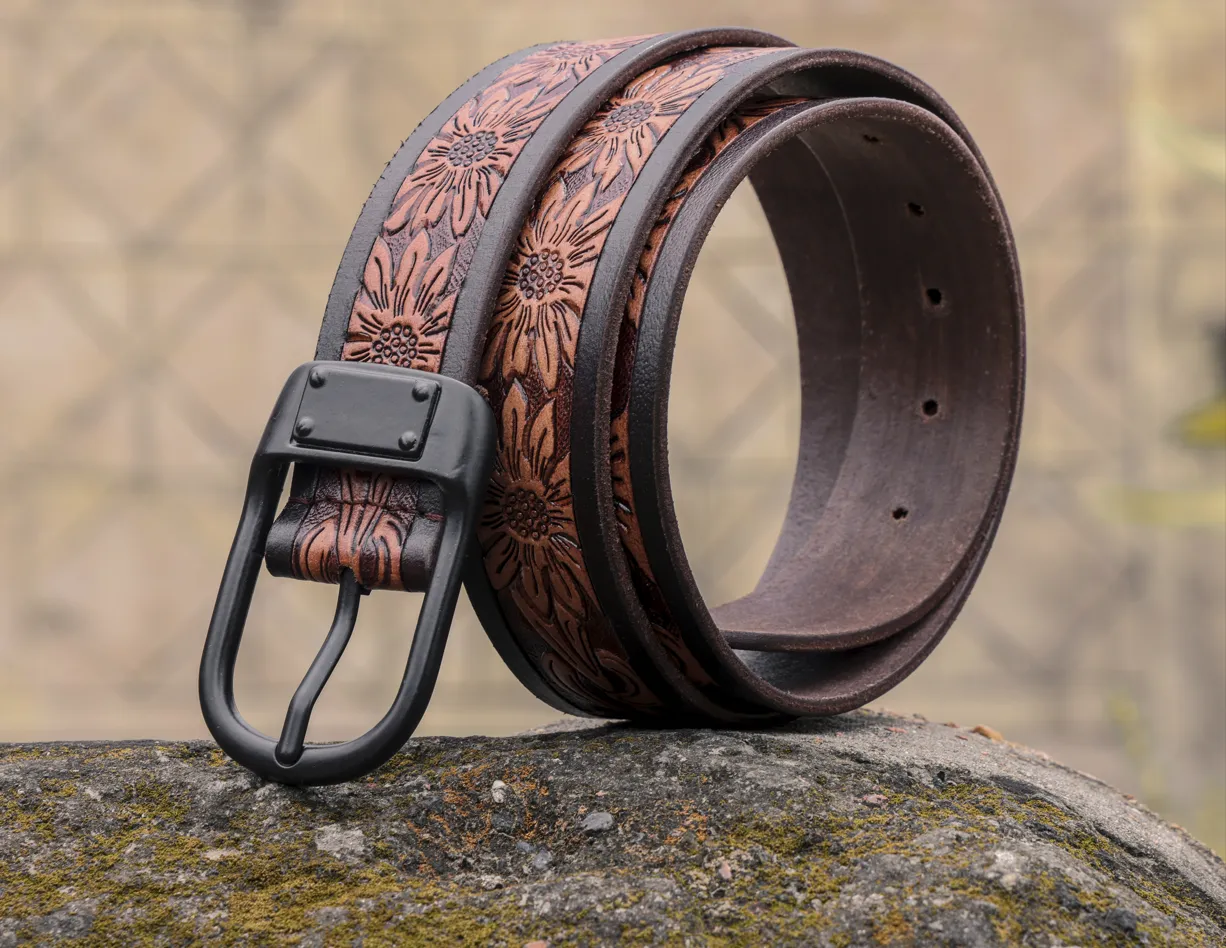 Hand-Carved Leather Belt with Mat Black Buckle, Art: LB-803