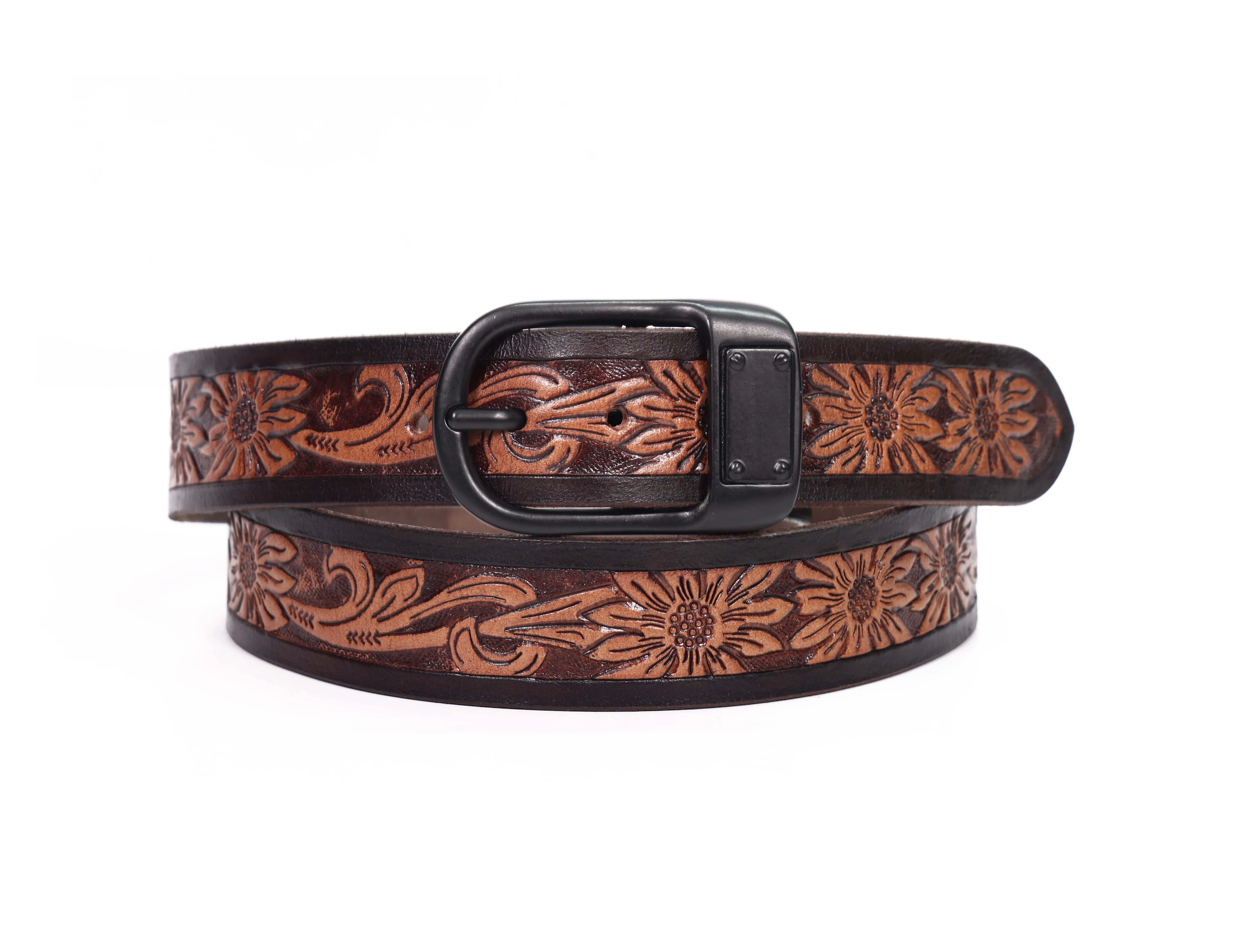 Hand-Carved Leather Belt with Mat Black Buckle, Art: LB-803