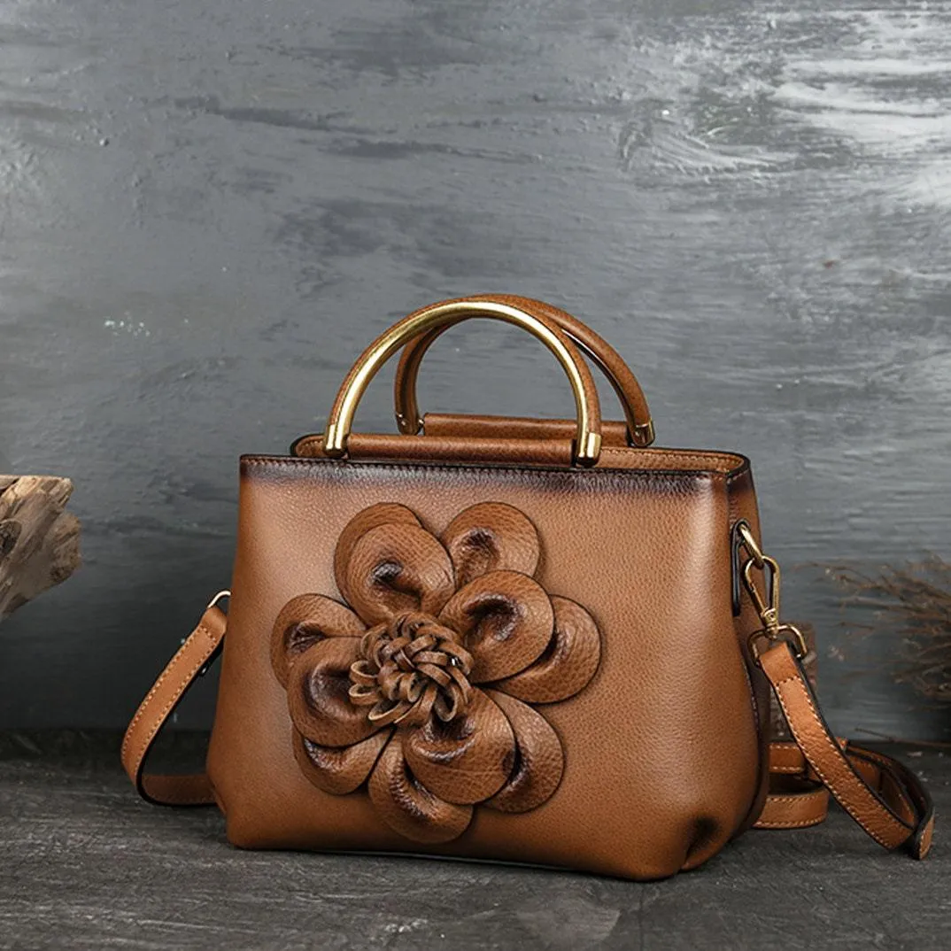 Hand-Carved Leather Handbag, Leather Carving Shoulder Bag Anniversary Gift With Women Flowers Bag for Her Christmas Gift Bridesmaid Gift