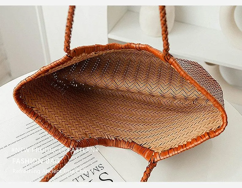 Handcrafted Woven Leather Tote Bag, Leather Hand Woven Triple Jump Bamboo Style Ladies HOBO Bag, Summer Holiday Bag, Women Woven Bag