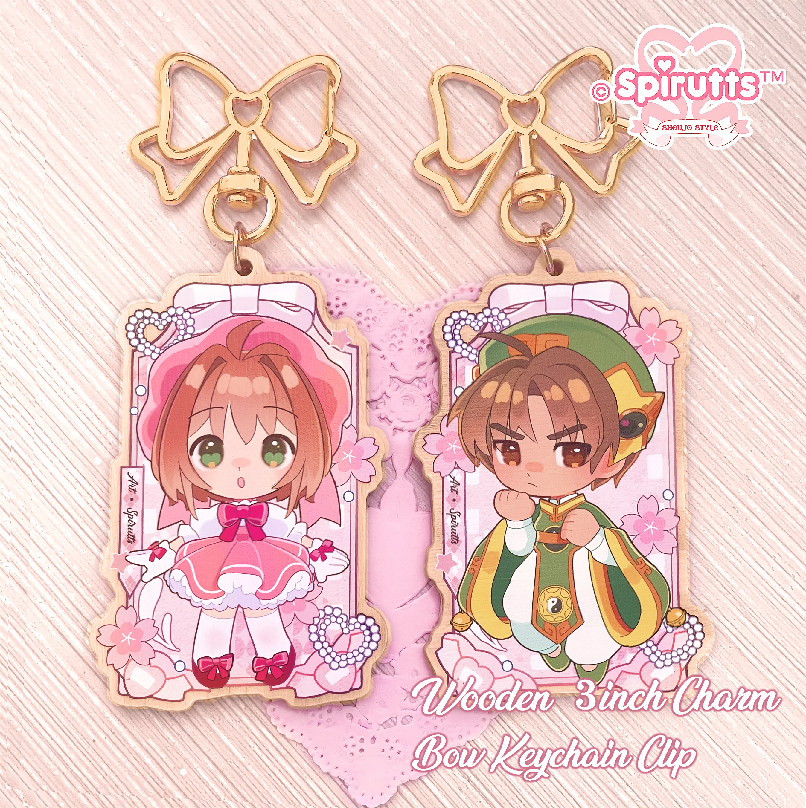 KEYCHAIN(S) - Captor Sakura/Magical Girl/Anime/Pink/Retro - Double-sided wooden charm/Matching Pair/Gold clip attachments