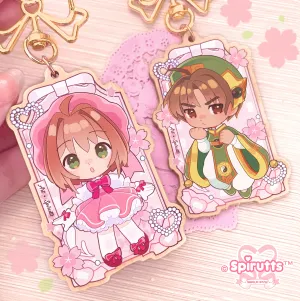 KEYCHAIN(S) - Captor Sakura/Magical Girl/Anime/Pink/Retro - Double-sided wooden charm/Matching Pair/Gold clip attachments