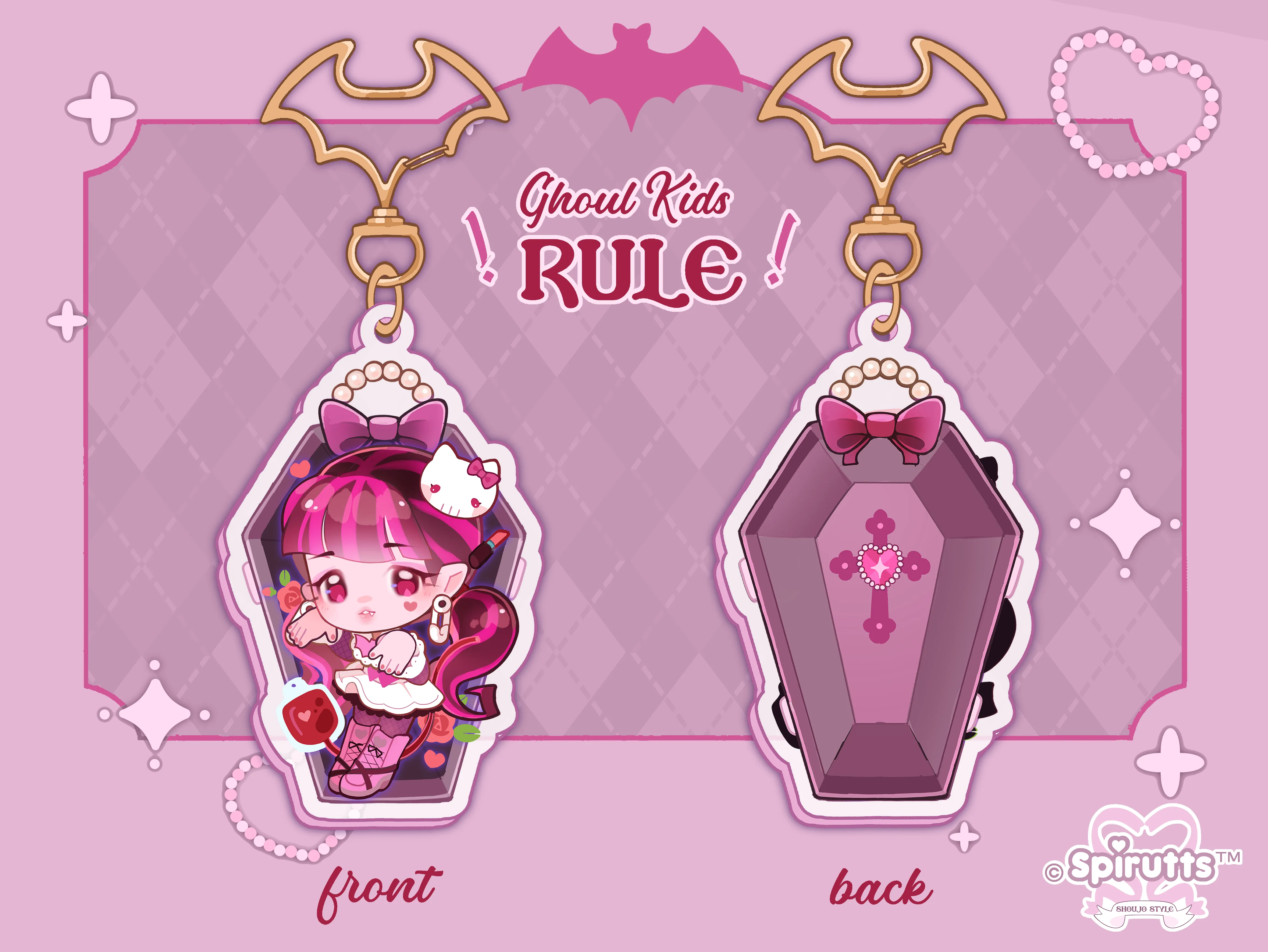 KEYCHAIN(S) - Ghoul gals!  - Double-sided acrylic/Bat-shaped Gold Chain/Charm