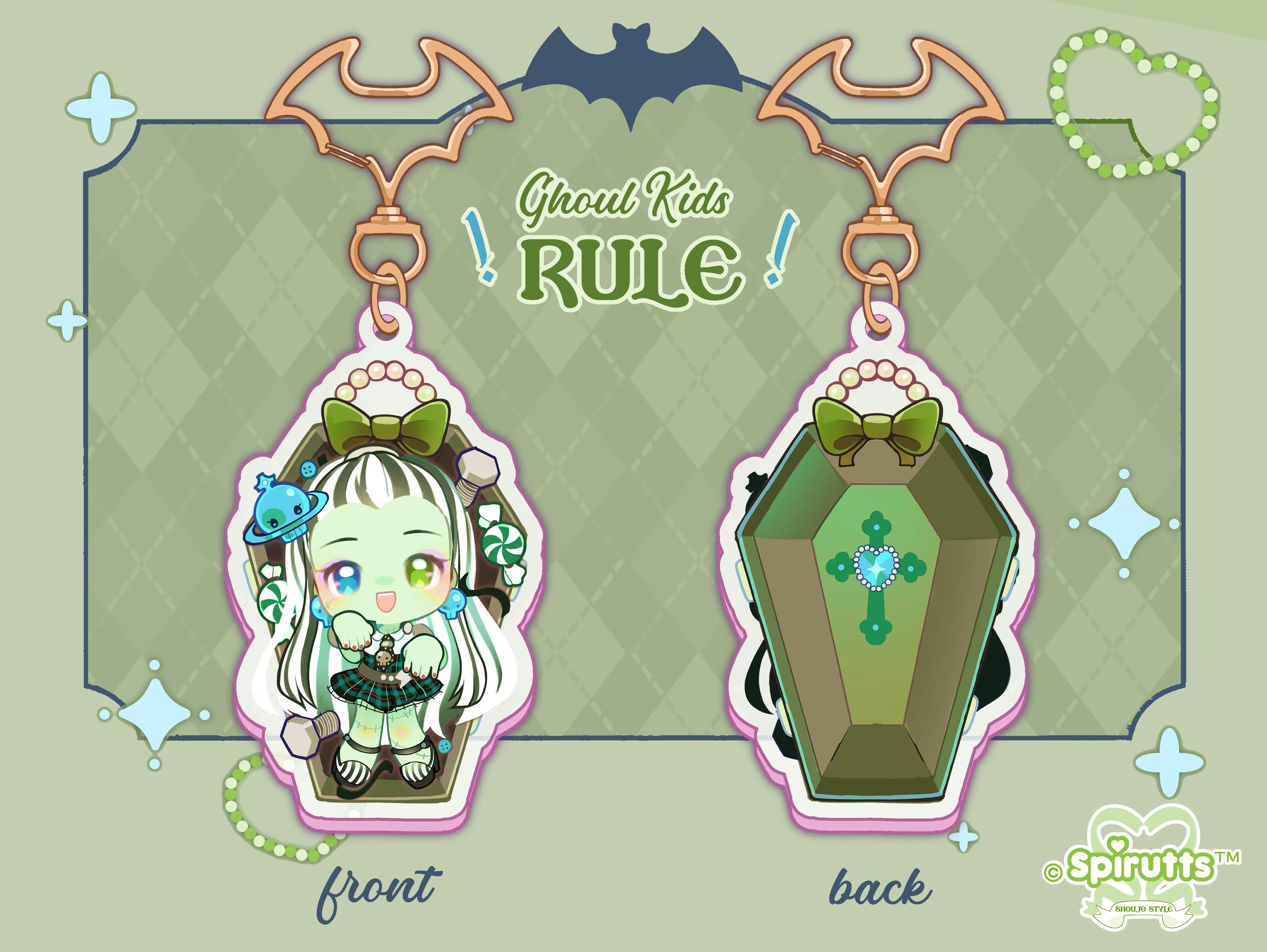 KEYCHAIN(S) - Ghoul gals!  - Double-sided acrylic/Bat-shaped Gold Chain/Charm