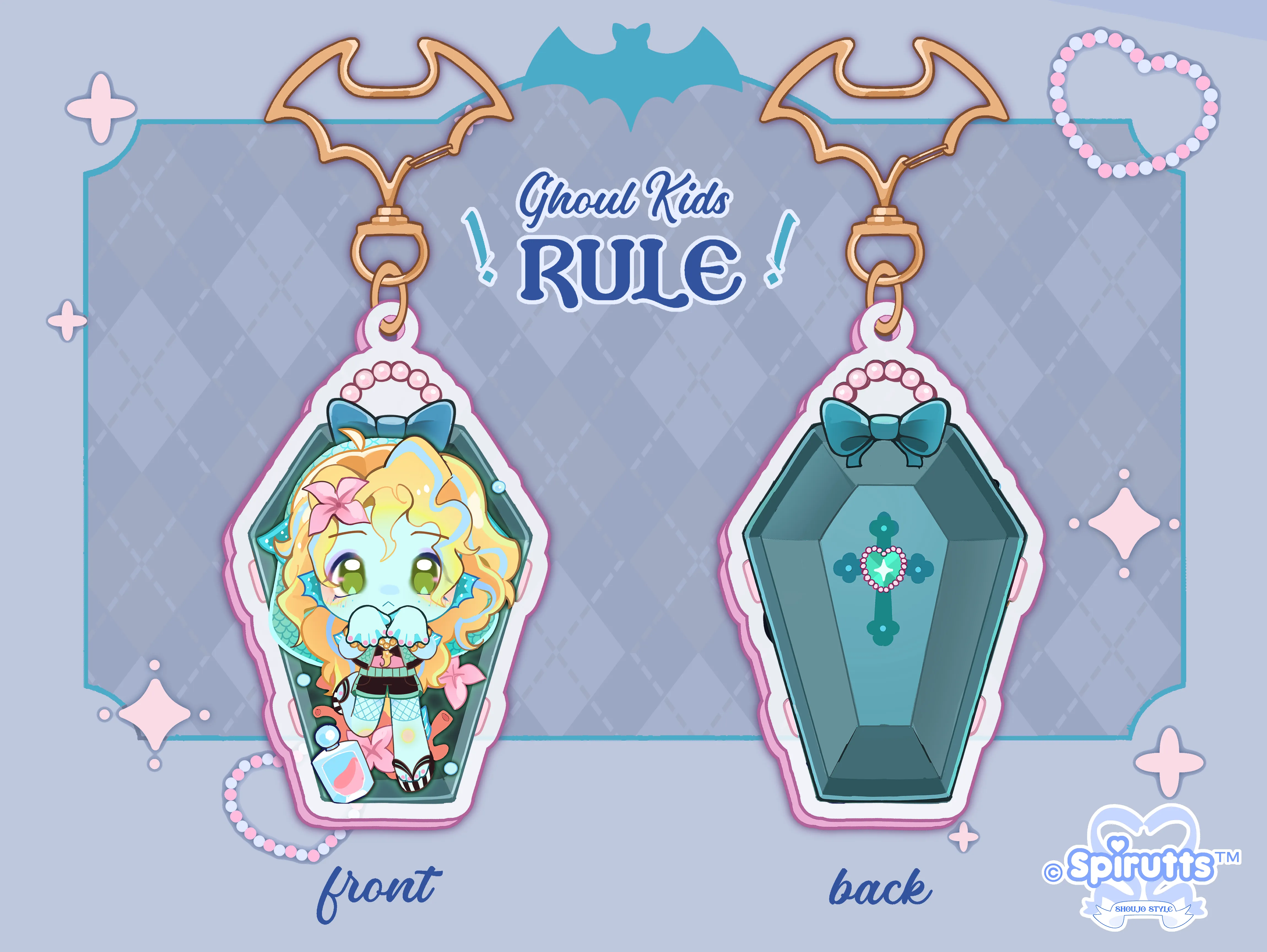 KEYCHAIN(S) - Ghoul gals!  - Double-sided acrylic/Bat-shaped Gold Chain/Charm