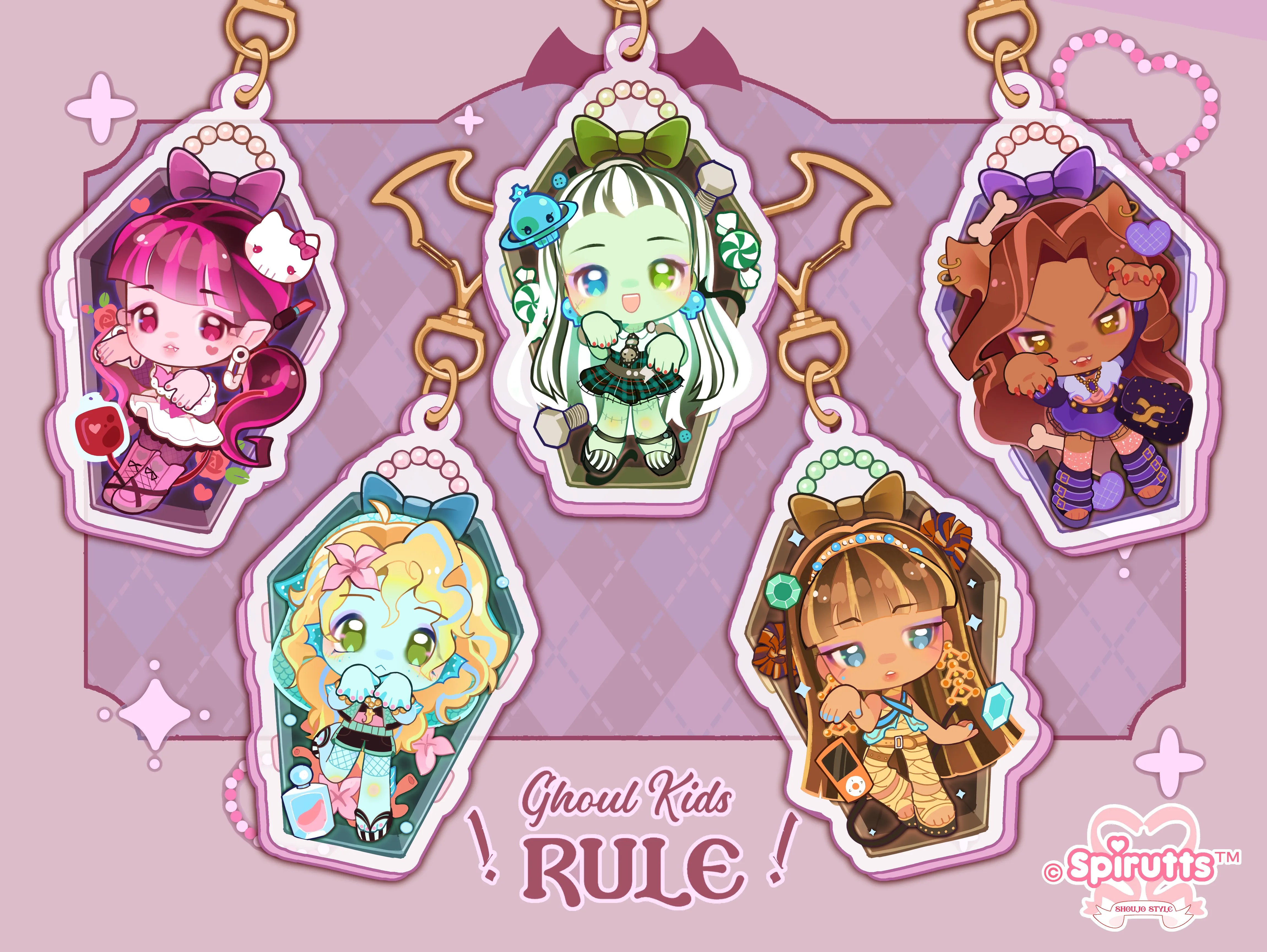 KEYCHAIN(S) - Ghoul gals!  - Double-sided acrylic/Bat-shaped Gold Chain/Charm