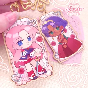 KEYCHAIN(S) - Princess Anthy and Utena / Anime / retro / Magical girls - Double-sided wooden charm/Matching Pair/Gold clip attachments