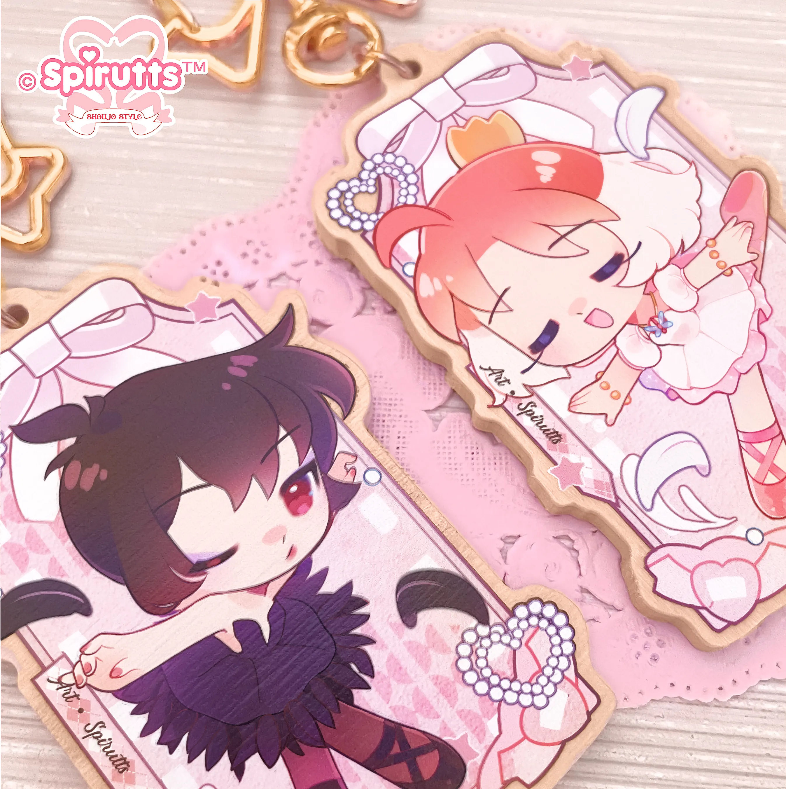 KEYCHAIN(S) - Princess Tutu / Anime / Swan Lake / Retro ballet magical girl - Double-sided wooden charm/Matching Pair/Gold clip attachments