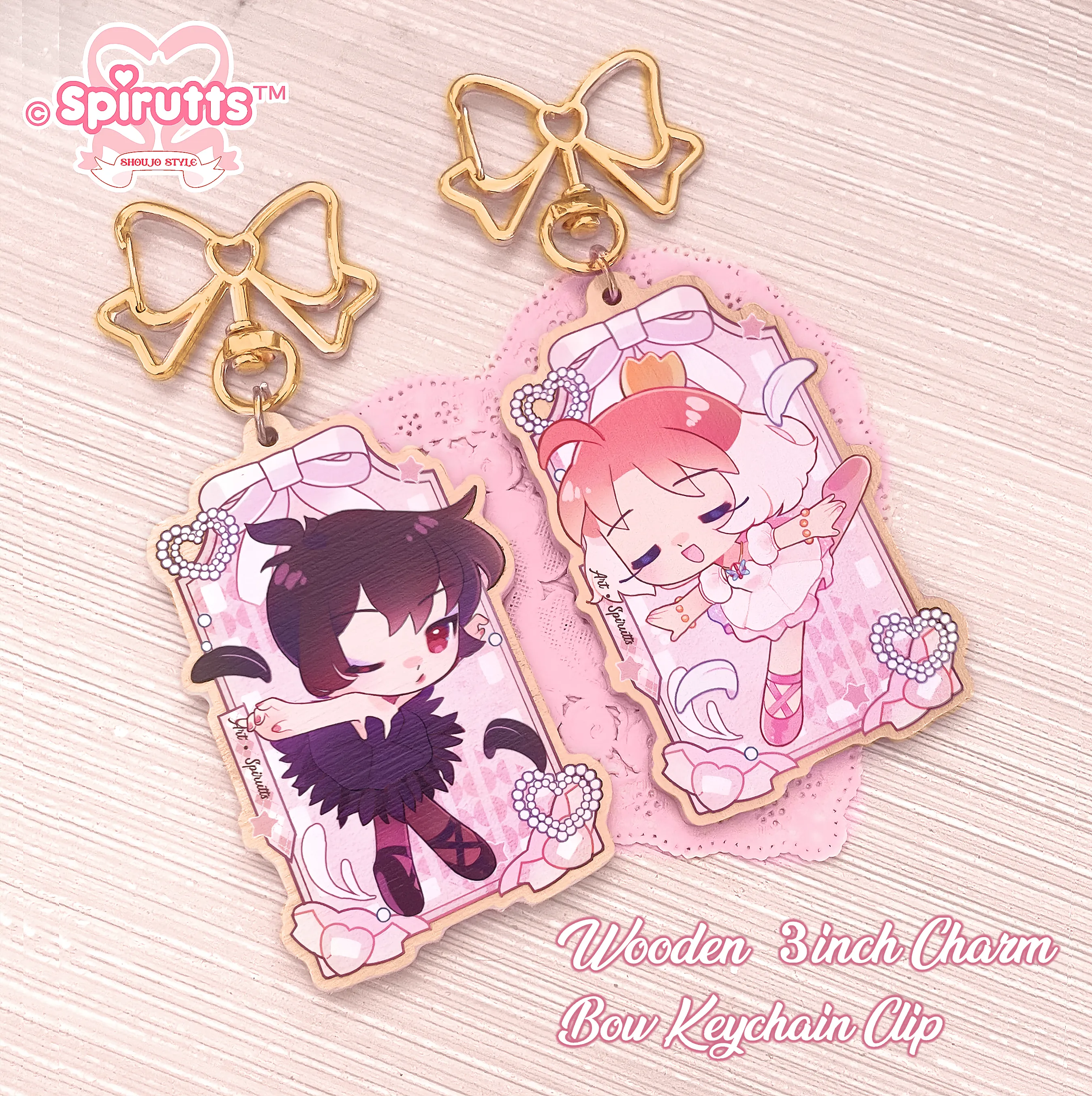 KEYCHAIN(S) - Princess Tutu / Anime / Swan Lake / Retro ballet magical girl - Double-sided wooden charm/Matching Pair/Gold clip attachments