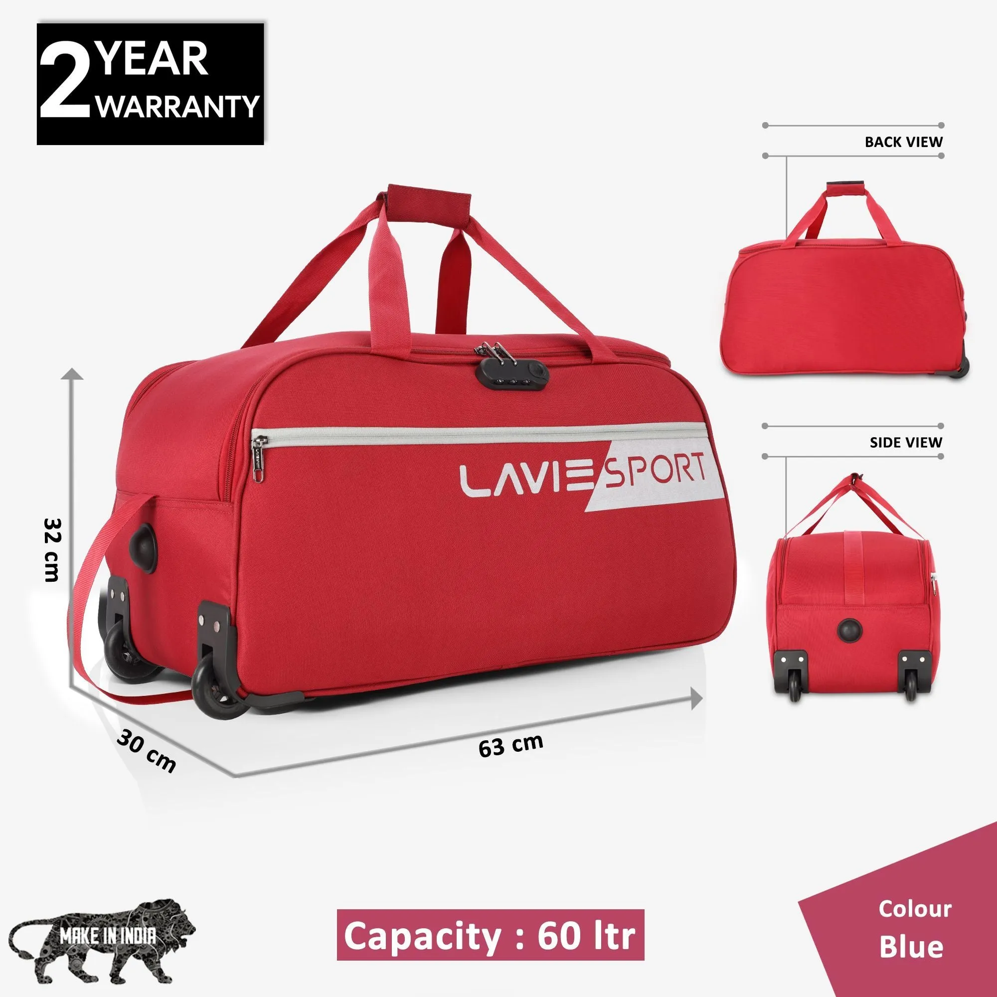 Lavie Sport 63 cms Camelot Wheel Duffle Bag With Combi Lock | Red