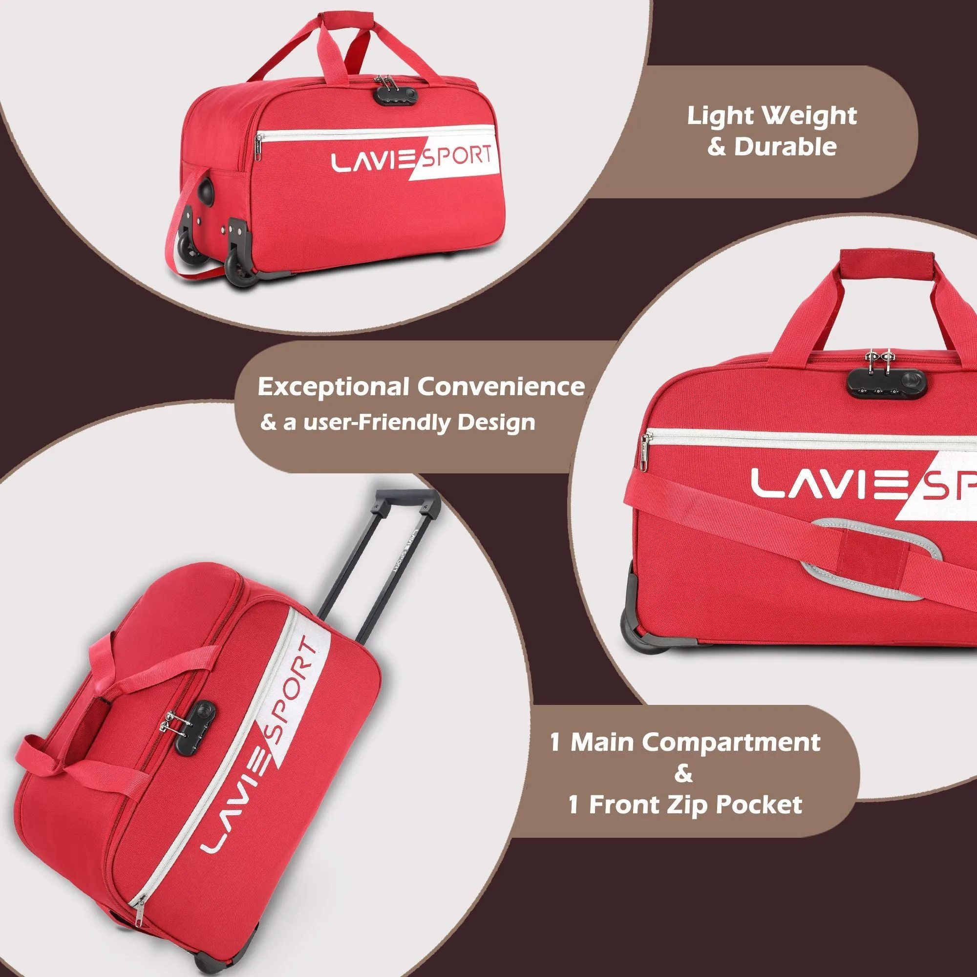 Lavie Sport 63 cms Camelot Wheel Duffle Bag With Combi Lock | Red