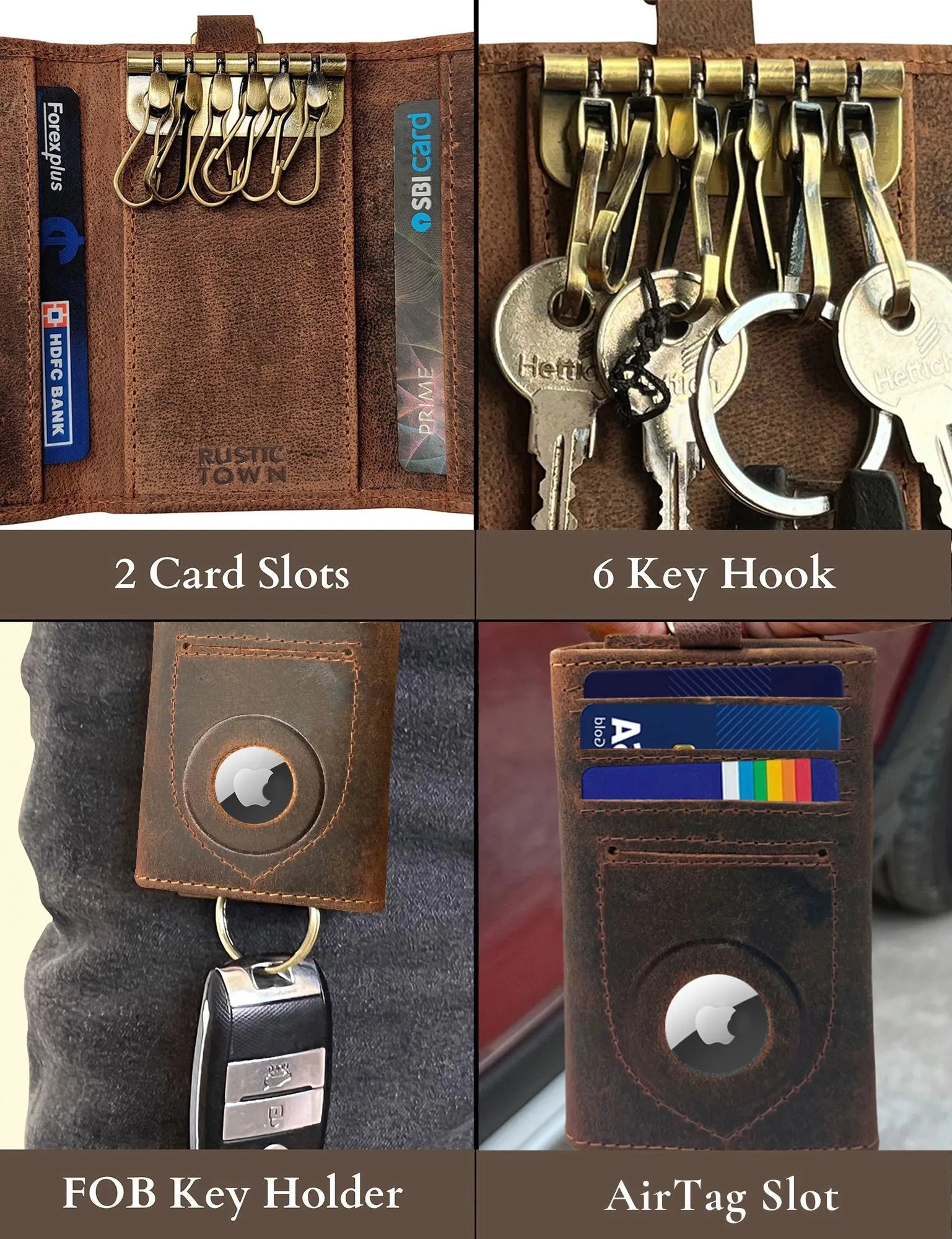 Leather Key Holder - Slim Keychain AirTag Holder Wallet