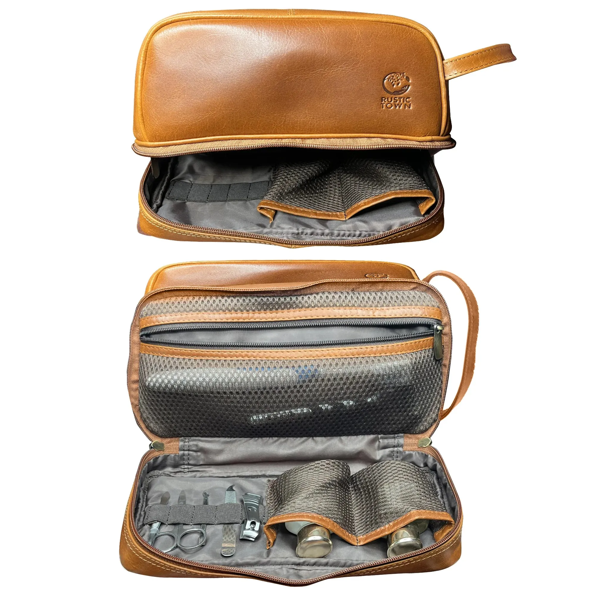 Nancy Leather Travel Makeup Toiletry Bag (Cognac)