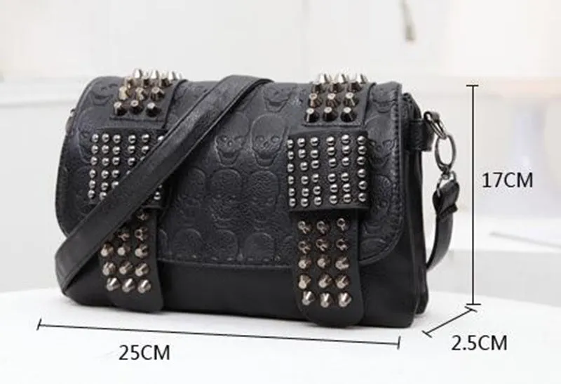 Noir Skull Rivet Leather Messenger Bag - Edgy Vintage Chic