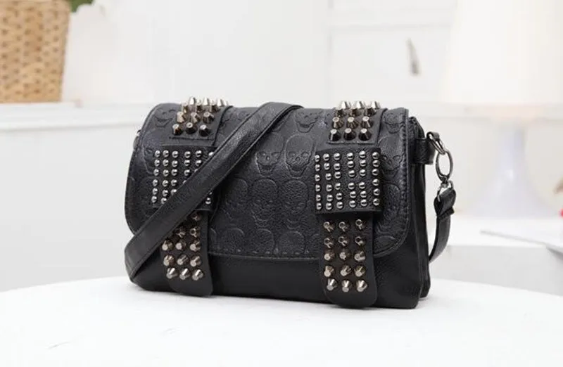 Noir Skull Rivet Leather Messenger Bag - Edgy Vintage Chic