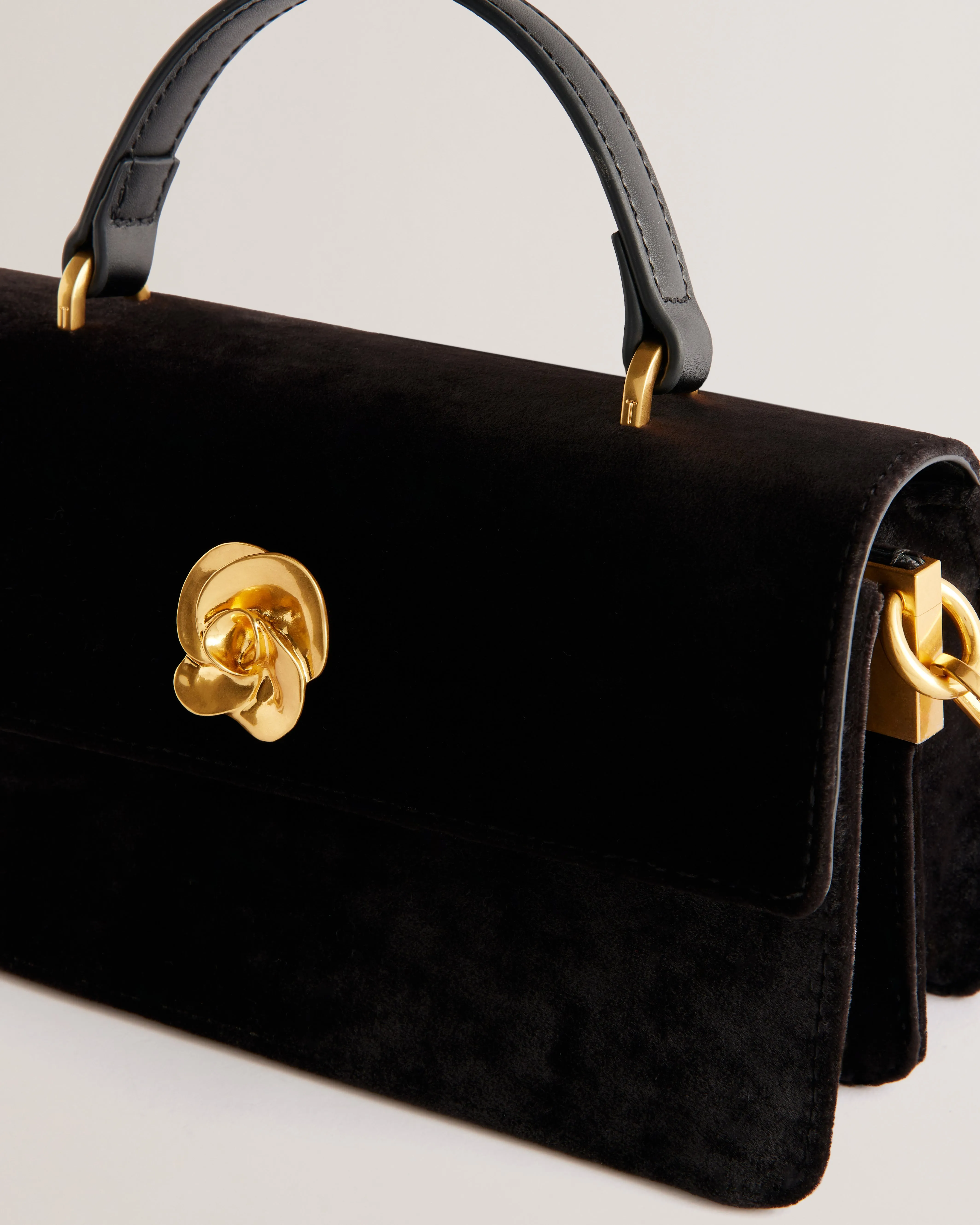 Black Velvet Rose Top Handle Bag by Rosany - Elongated Style