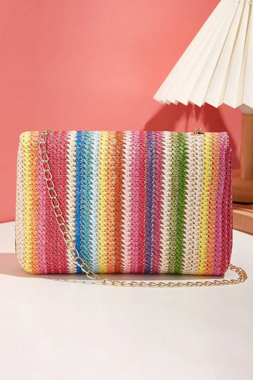 Strawberry Pink Striped Crochet Flapped Single Shoulder Bag