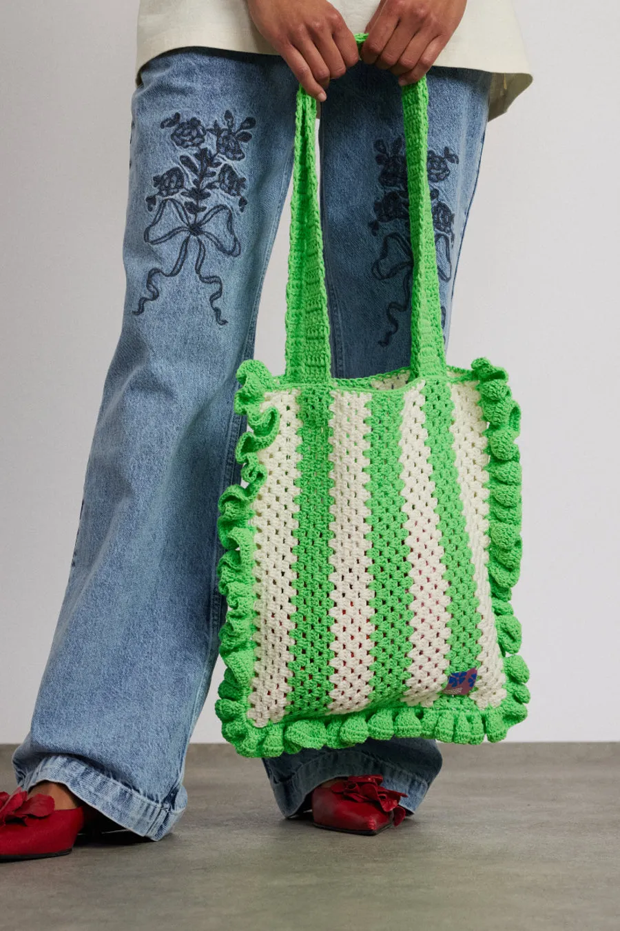 Green & Ecru Striped Frill Crochet Bag - Elegant Handmade Accessory