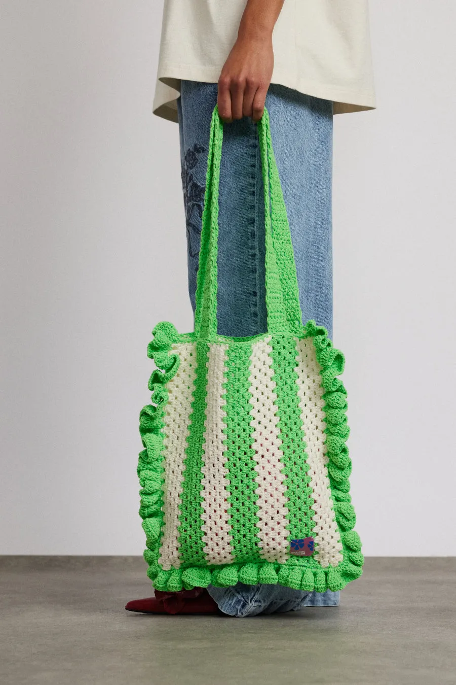 Green & Ecru Striped Frill Crochet Bag - Elegant Handmade Accessory