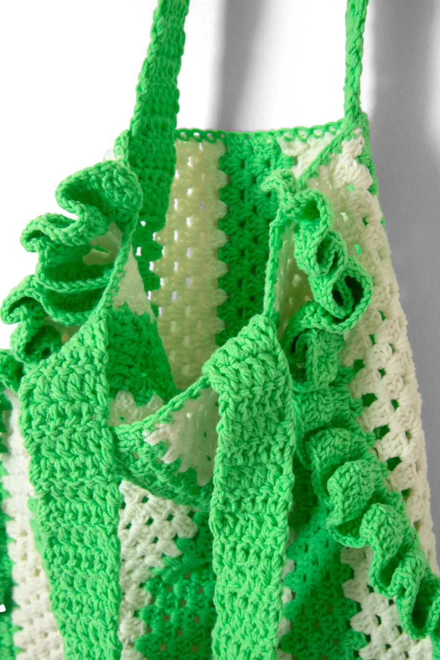 Green & Ecru Striped Frill Crochet Bag - Elegant Handmade Accessory