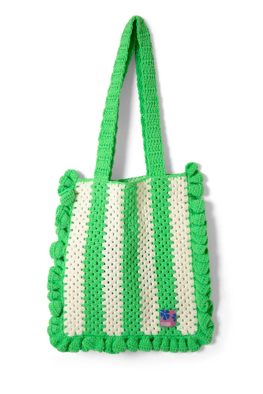 Green & Ecru Striped Frill Crochet Bag - Elegant Handmade Accessory