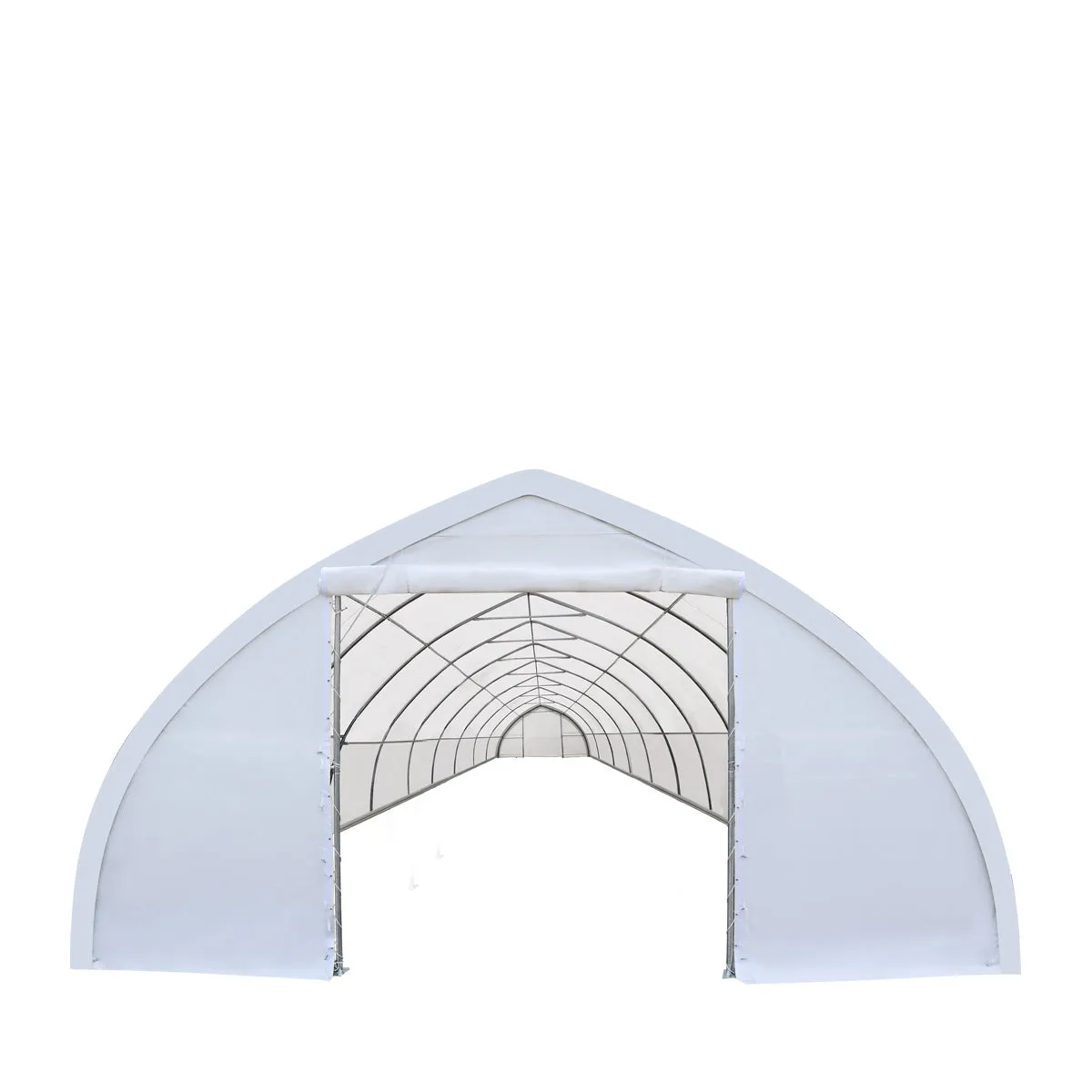 TMG Industrial 30' x 80' Peak Ceiling Storage Shelter with Heavy Duty 17 oz PVC Cover & Drive Through Doors, TMG-ST3080V