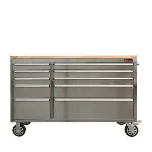 TMG Industrial 55” Stainless Steel Rolling Workbench, Rubberwood Tabletop, Lockable Drawers, Locking Wheels, TMG-WB5510S